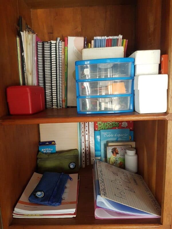 setup of Shelves with school supplies

