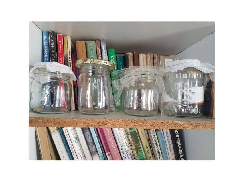 jars with caterpillars on bookshelf