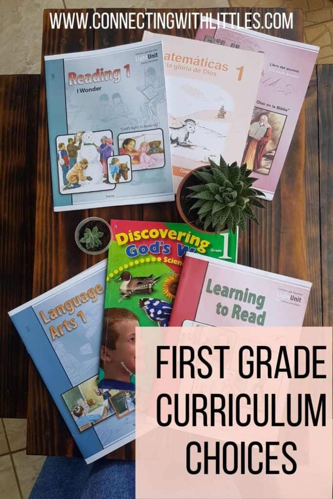 first grade curriculum books on a table
