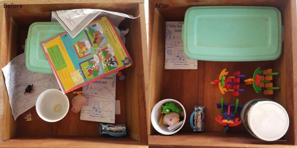 children's drawers, messy and then organized
