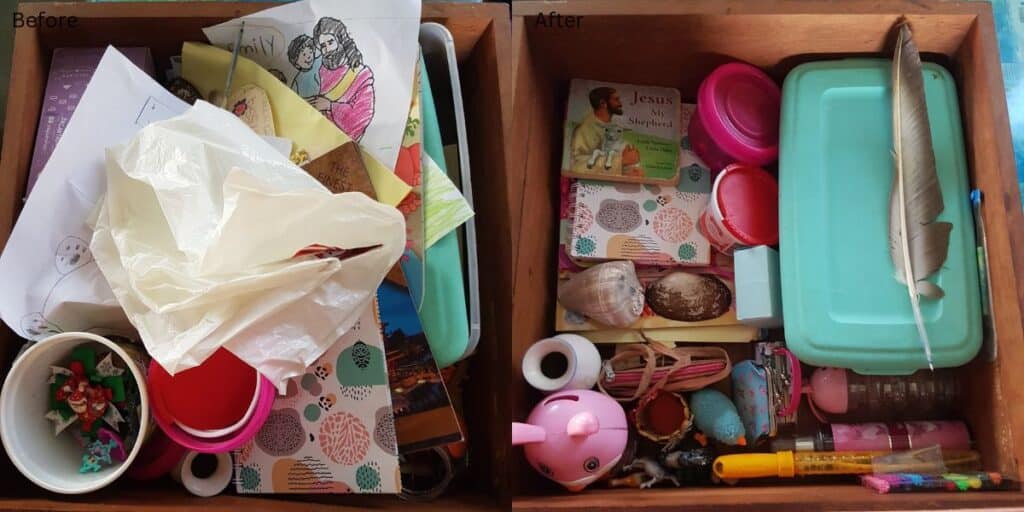 children's drawers, messy and then organized