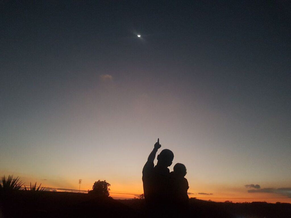 silhouette of dad holding child and pointing to the moon