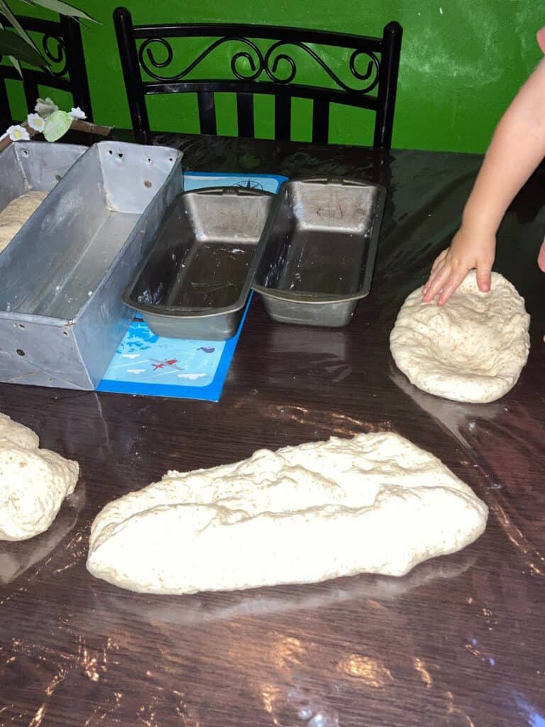hands kneading bread dough, and bread pans