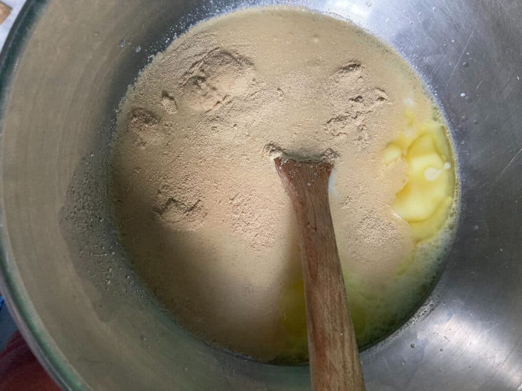 first ingredients for homemade bread in a bowl
