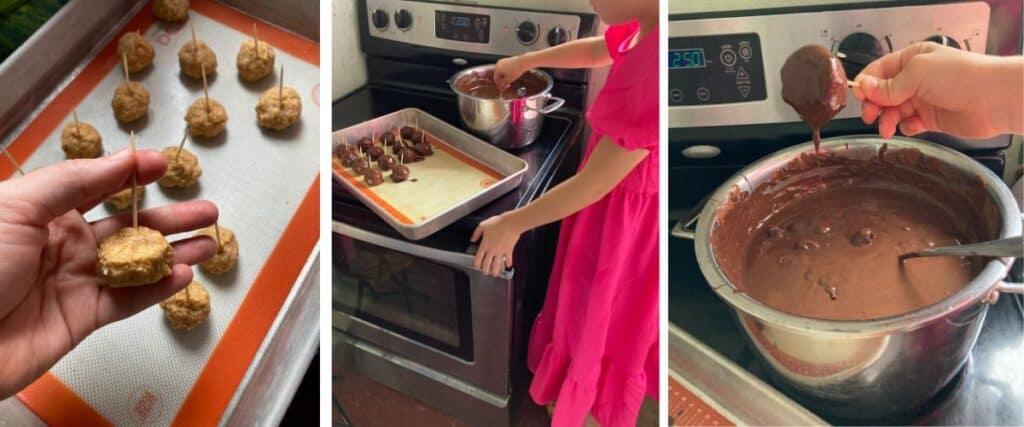 peanut balls getting coated with chocolate