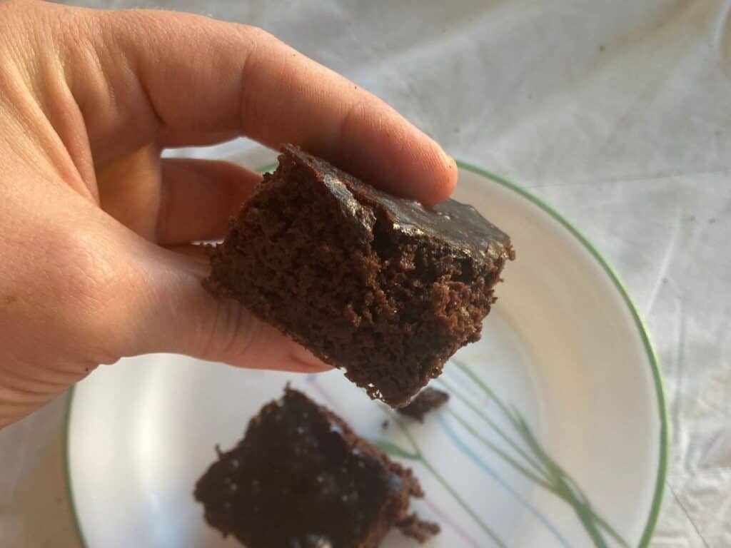 side view of black bean brownie in hand
